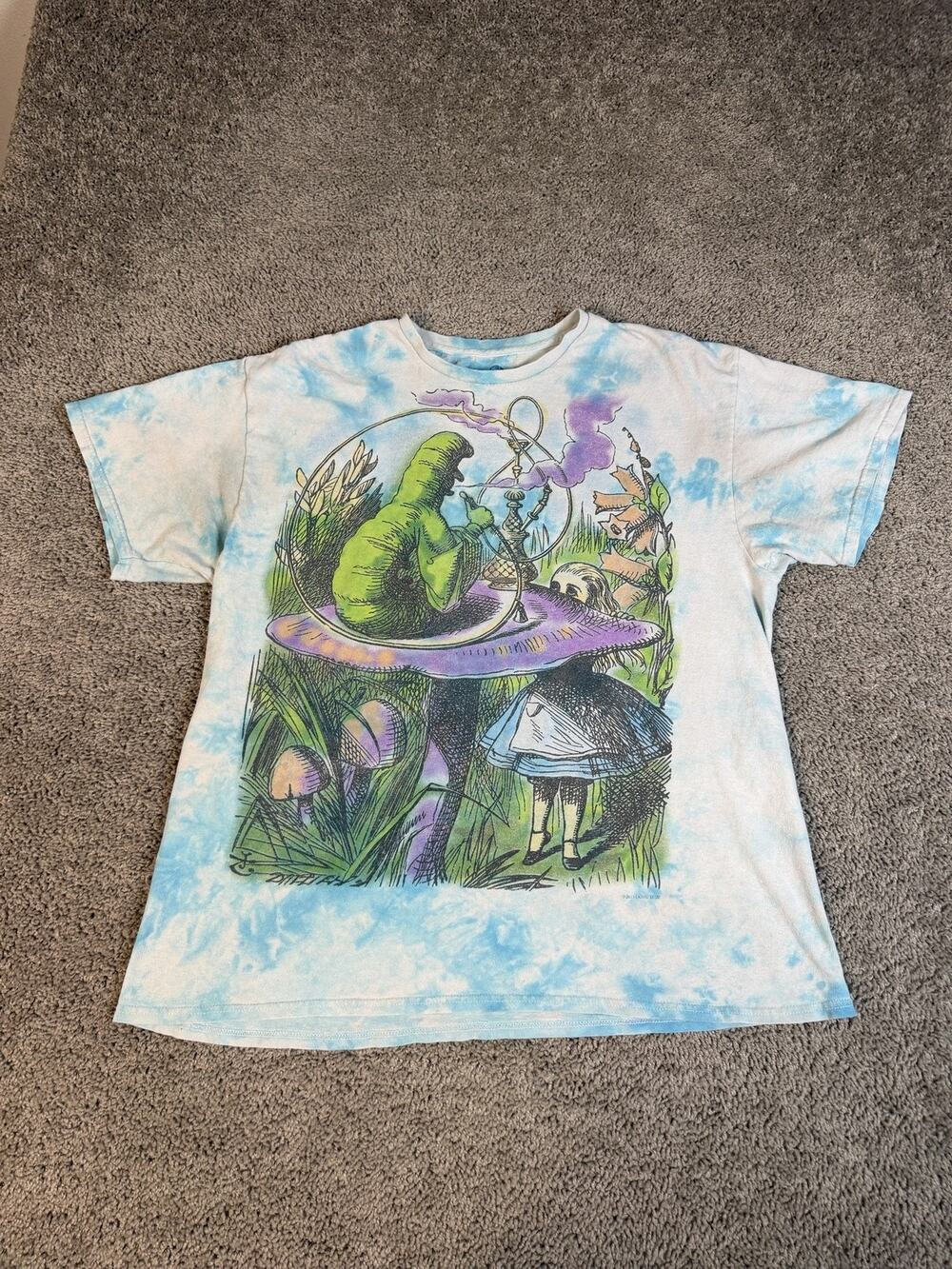 Alice In Wonderland Liquid Blue Shirt Mens XL Blue Tie Dye Smoking Caterpillar